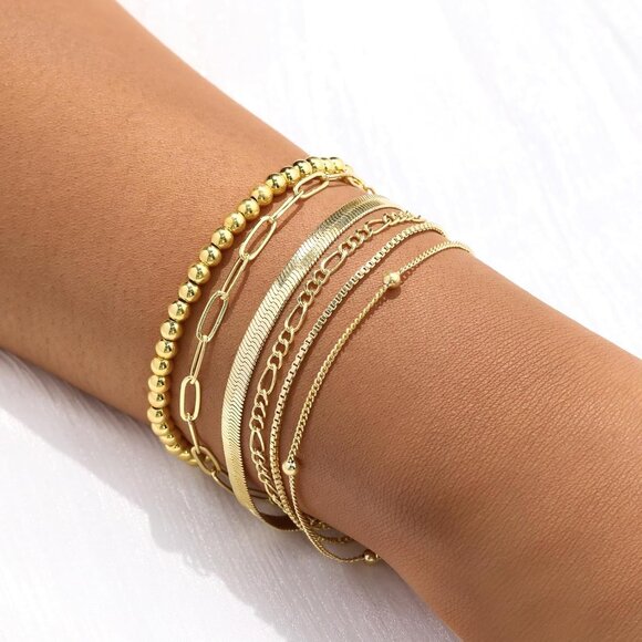 Gold Bracelet Set for Women Beaded Layered Link Herringbone Adjustable Jewelry - Picture 5 of 7